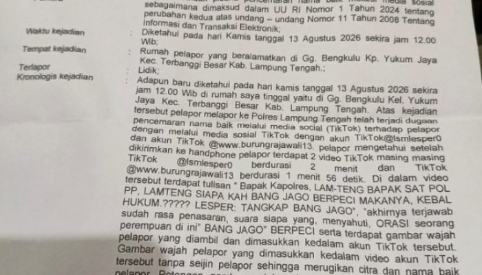 ‎Ketua LMP Lampung Tengah Resmi Laporkan Oknum LSM ke Polres, Tuding Pencemaran Nama Baik di Medsos  ‎