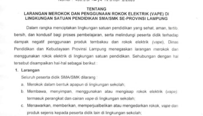 ‎Dinas Pendidikan Lampung Resmi Larang Rokok dan Vape di Lingkungan SMA/SMK  ‎